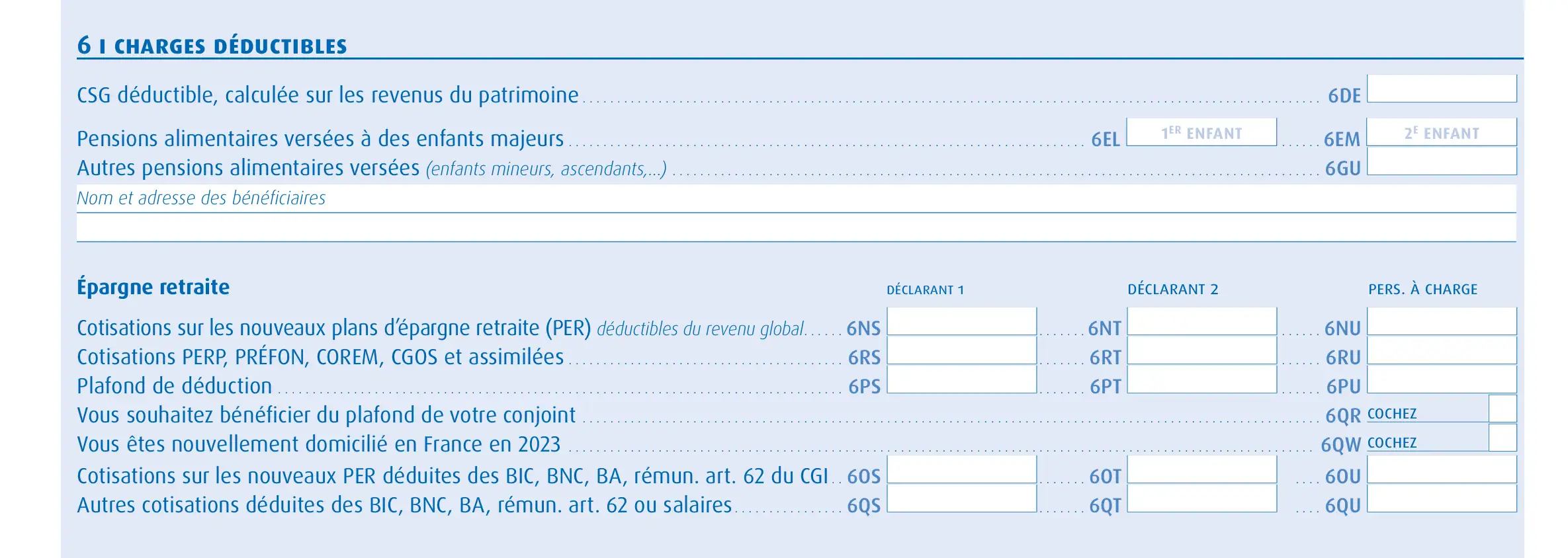 Déclaration de revenus 2042, rubrique 6 charges déductibles, case 6NS pour le déclarant 1.